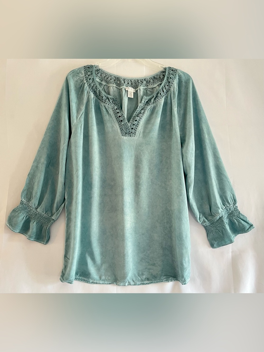 Spense Light Blue Boho Crochet Neck Blouse XL